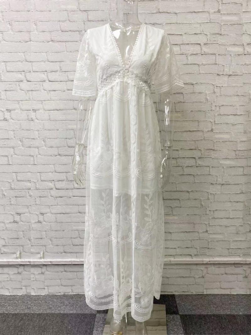 Női Fehér Hosszú Ruha Csipke Szexi V Nyakú Rövid Ujjú Boho Maxi Ruhák - Fehér