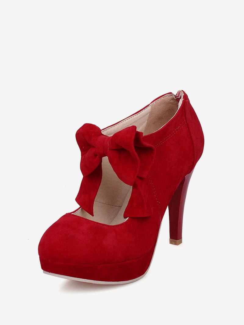 Női Fekete Vintage Magassarkú Platform Kerek Orrú Bowtie Mary Jane Sarkú Szivattyúk - Piros