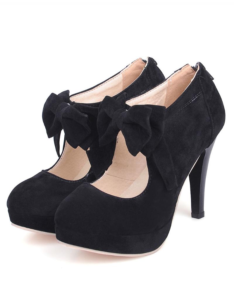 Női Fekete Vintage Magassarkú Platform Kerek Orrú Bowtie Mary Jane Sarkú Szivattyúk - Fekete