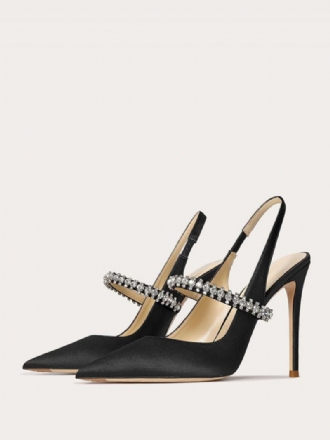 Női Szatén Báli Cipő Fekete Strassz Hegyes Orrú Tűsarkú Slingback Szivattyúk