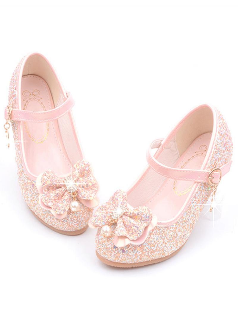 Flower Girl Cipők Glitter Virág Mary Jane Flats - Rózsaszín
