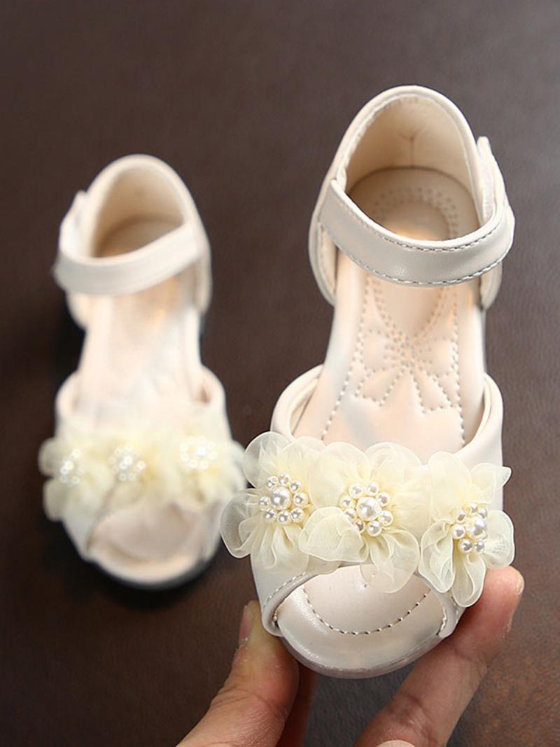 Lány Cipő Virág Ecru White Pu Leather Pearls Party Cipők Gyerekeknek - Bézs