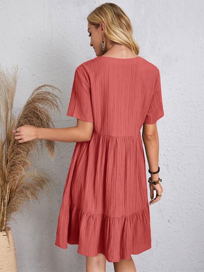 Női Boho Ruha V-nyakú Rövid Ujjú Rakott Nyári - Piros