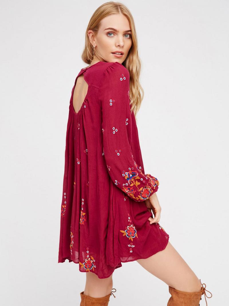 Boho Ruha Jewel Nyakú Hosszú Ujjú Hímzett Bohém Cigány Tengerparti Vakáció Fehér Tavaszi Nyár Rövid Műszakos Nőknek - Piros