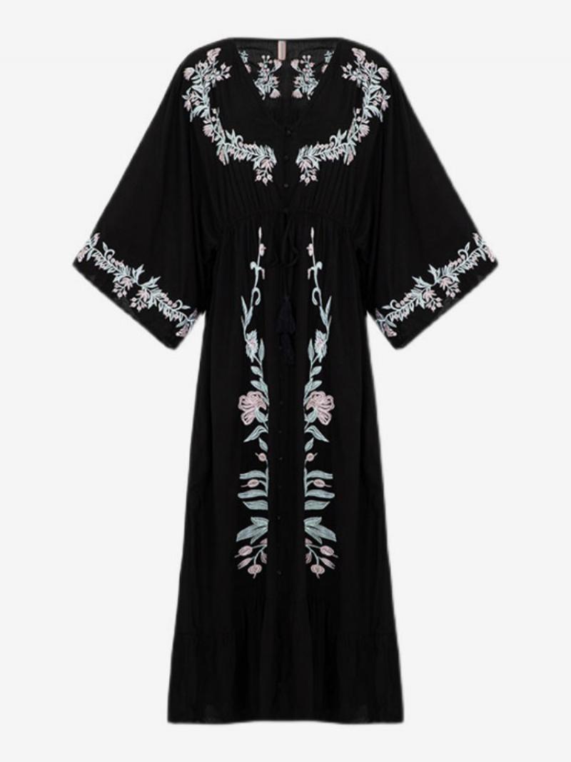 Boho Ruha Mély V-nyakú 3/4-es Ujjú Fekete Hímzett Bohemian Gypsy Beach Vacation Pamut Tavaszi Nyár Hosszú Nőknek - Fekete