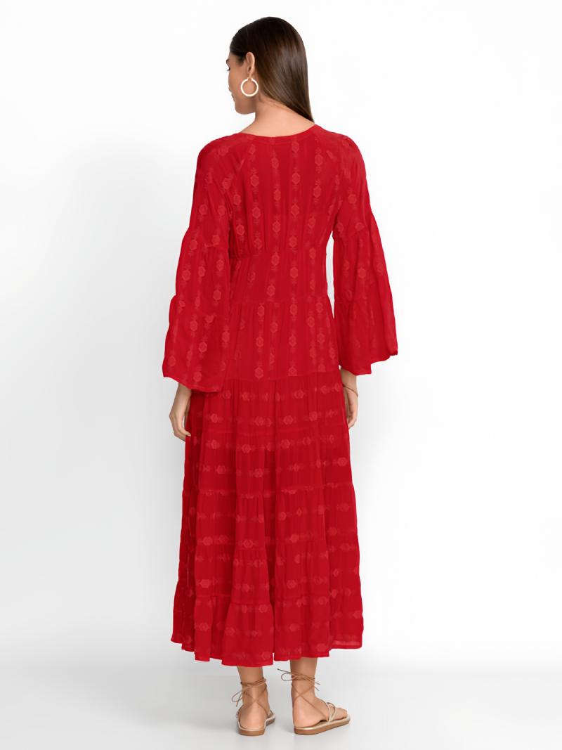 Női Boho Ruha Gombos V-nyakú 3/4 Hosszú Ujjú Strandruha - Piros