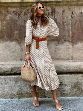 Női Boho Ruha V-nyakú Háromnegyed Öves Lépcsőzetes Hétköznapi Midi Ruhák