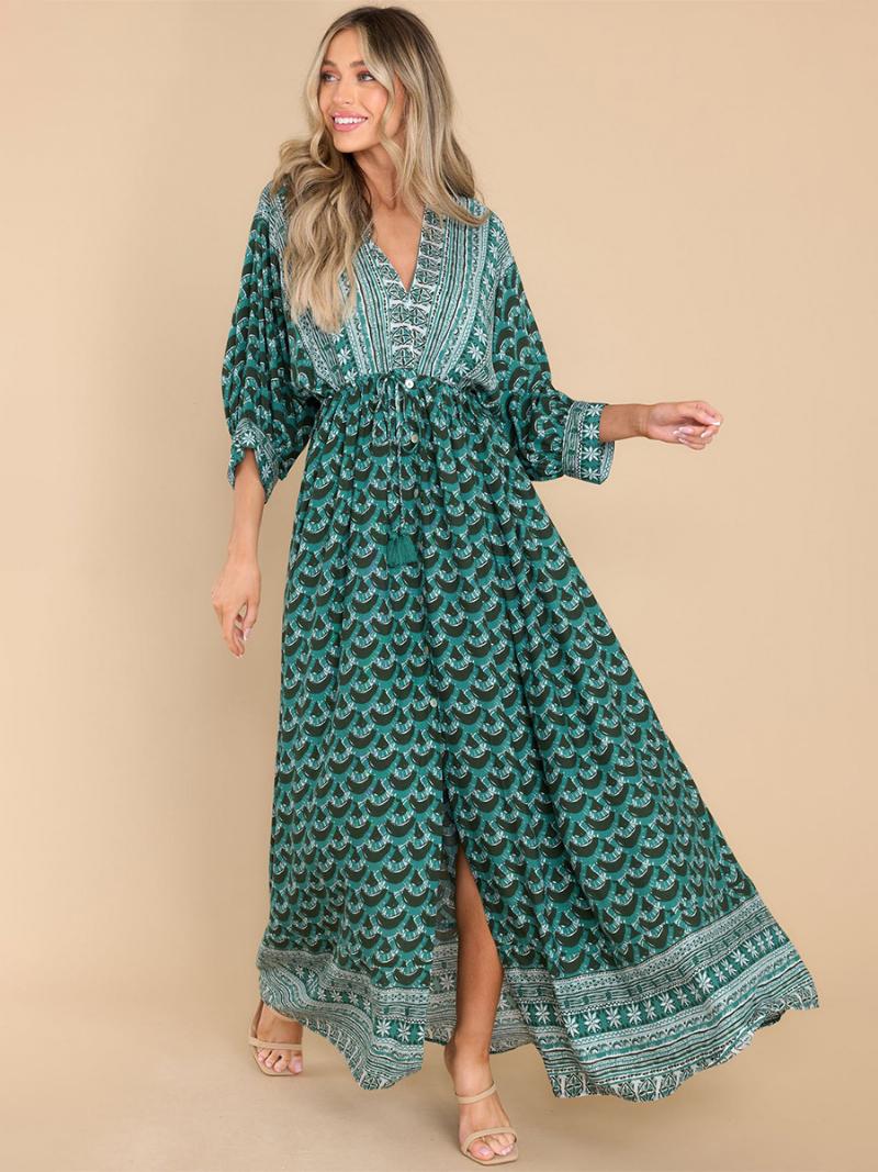 Női Boho Ruhamintás V-nyakú Magas Kivágású Hétköznapi Maxi Strandruhák - Zöld