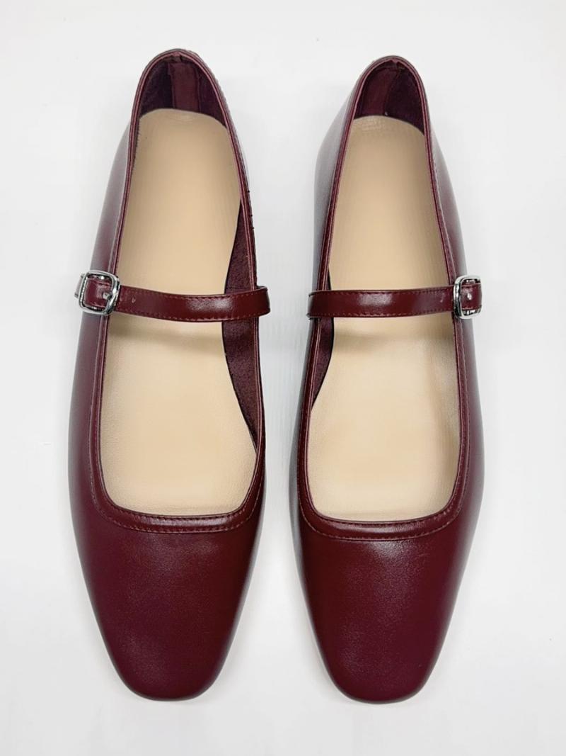 Női Bordó Balettlakások Négyszögletes Lábujjcsattal Részlettel Vintage Balerinalapokkal - Burgundy