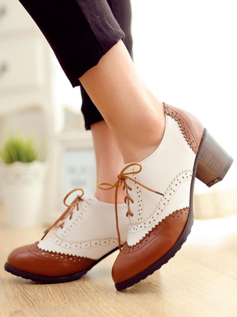 Női Fekete Fűzős Brogues Kerek Orrblokk Sarkú Oxford - Kávé Barna