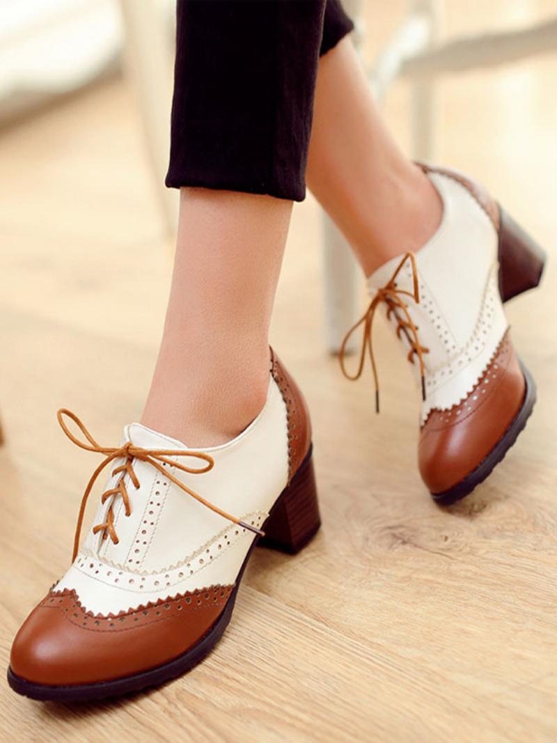 Női Fekete Fűzős Brogues Kerek Orrblokk Sarkú Oxford - Kávé Barna