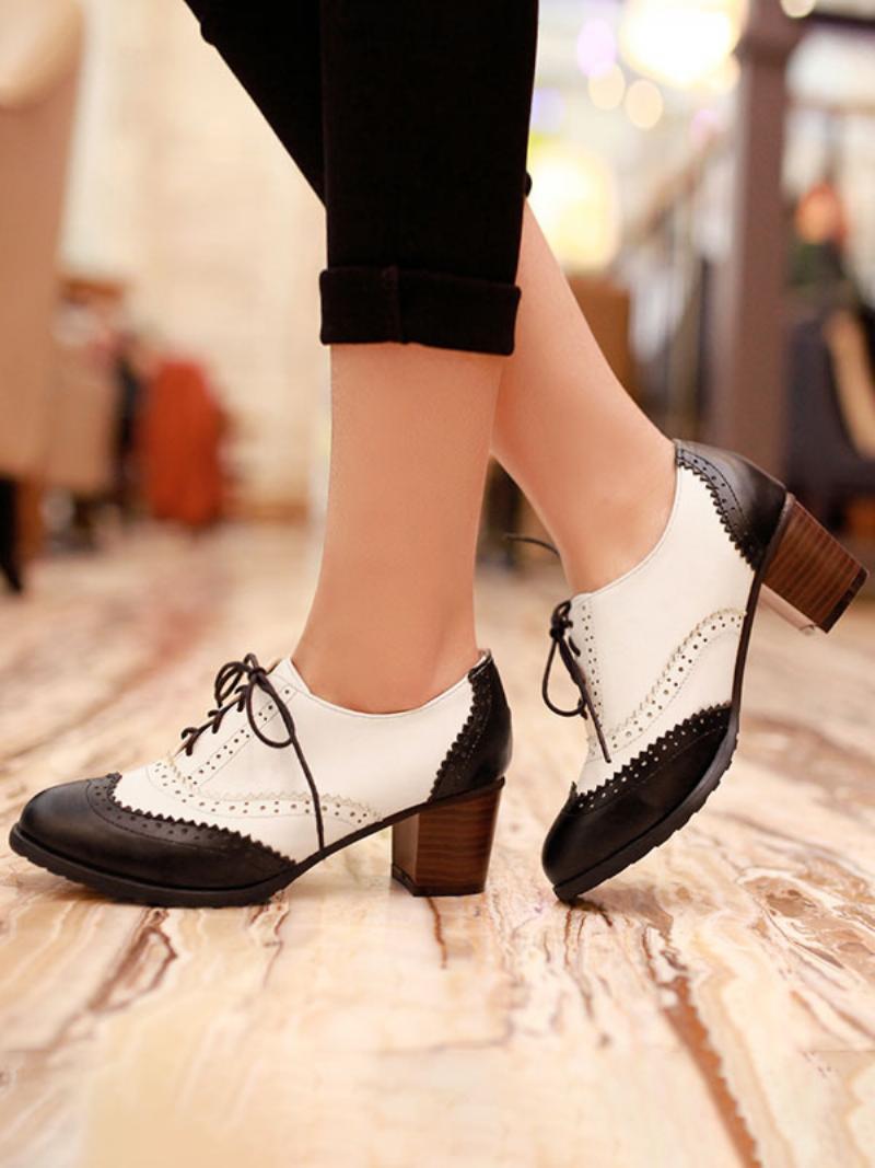 Női Fekete Fűzős Brogues Kerek Orrblokk Sarkú Oxford - Fekete