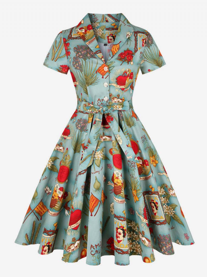Női 1950-es Évek Audrey Hepburn Stílusú Vintage Ruha V Nyakú Rövid Ujjú Térdig Érő Virágmintás Rockabilly - Sötétzöld