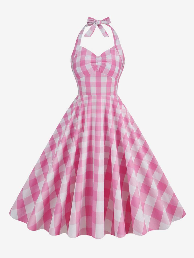 Női Barbie Pink Gingham 1950-es Évek Kockás Rakott Kötőfékű Vintage Ruha