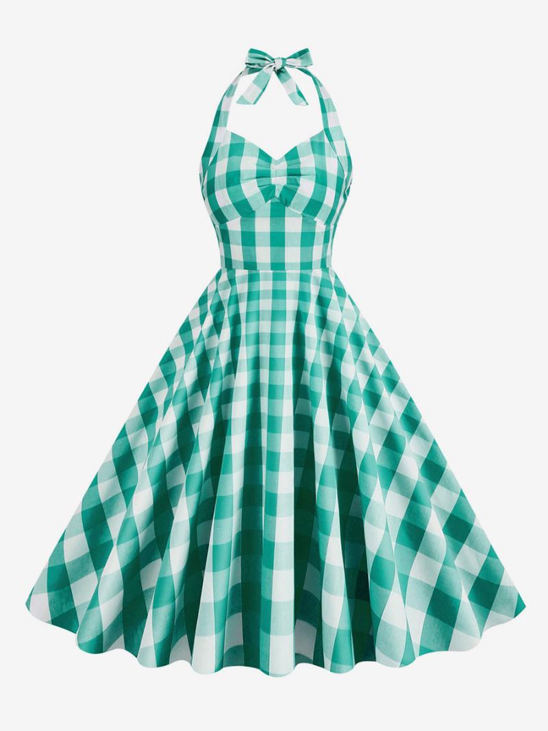 Női Barbie Pink Gingham 1950-es Évek Kockás Rakott Kötőfékű Vintage Ruha - Zöld