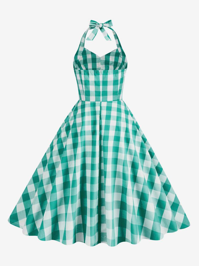 Női Barbie Pink Gingham 1950-es Évek Kockás Rakott Kötőfékű Vintage Ruha - Zöld