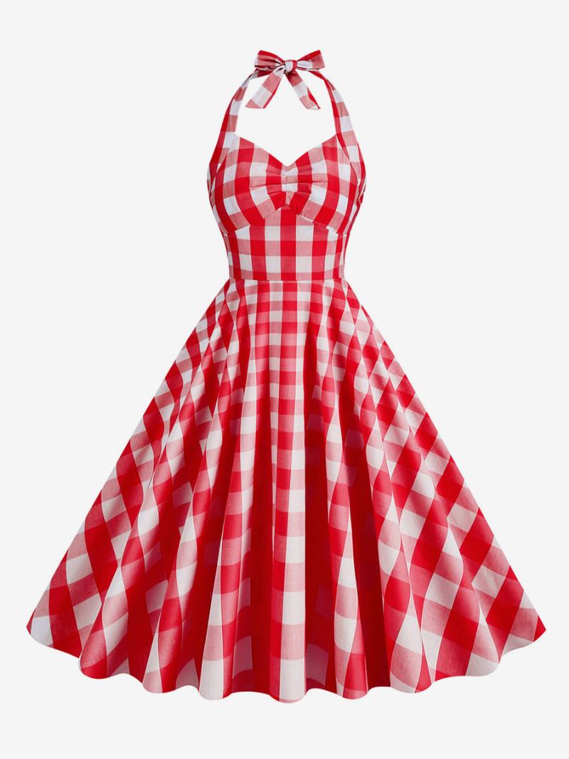 Női Barbie Pink Gingham 1950-es Évek Kockás Rakott Kötőfékű Vintage Ruha - Piros