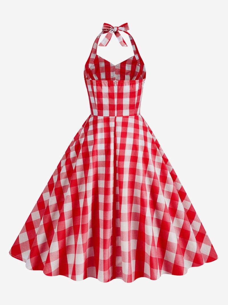 Női Barbie Pink Gingham 1950-es Évek Kockás Rakott Kötőfékű Vintage Ruha - Piros