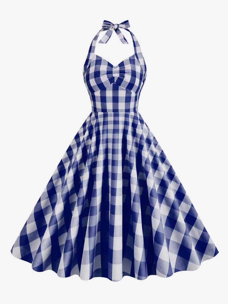 Női Barbie Pink Gingham 1950-es Évek Kockás Rakott Kötőfékű Vintage Ruha - Mélykék