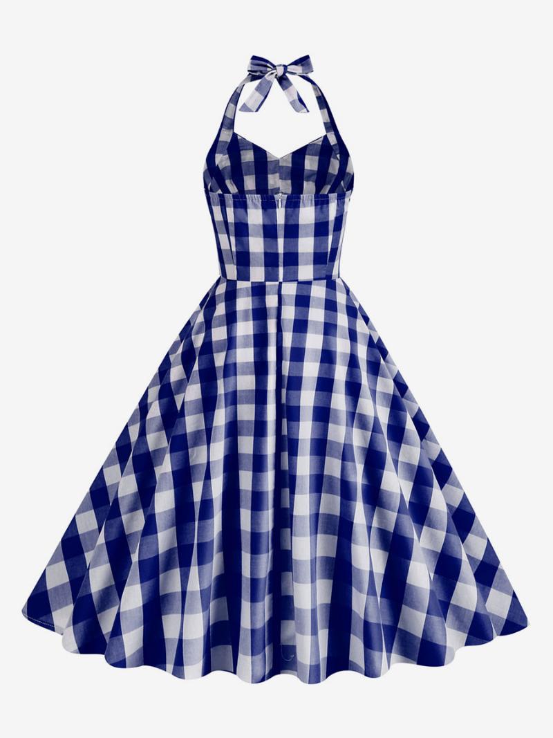 Női Barbie Pink Gingham 1950-es Évek Kockás Rakott Kötőfékű Vintage Ruha - Mélykék