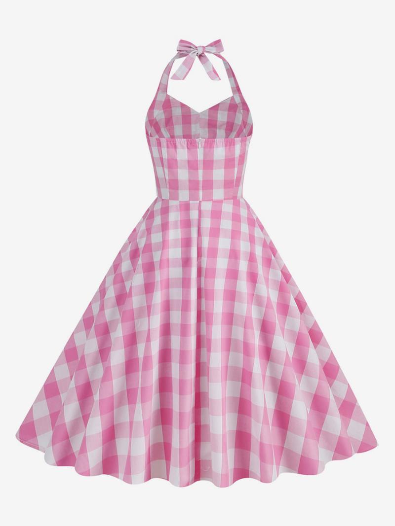 Női Barbie Pink Gingham 1950-es Évek Kockás Rakott Kötőfékű Vintage Ruha - Rózsaszín