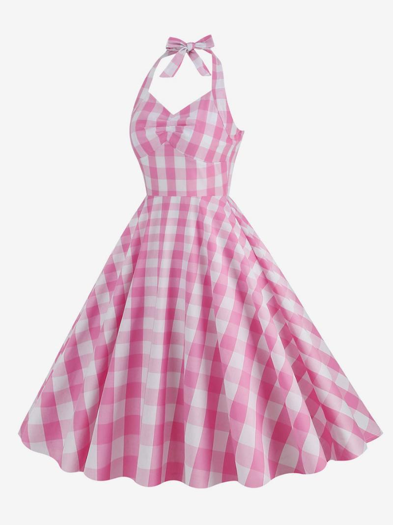 Női Barbie Pink Gingham 1950-es Évek Kockás Rakott Kötőfékű Vintage Ruha - Rózsaszín