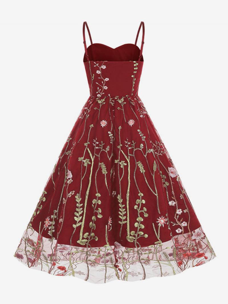 Női Retro Ruha Az 1950-es Évekből Audrey Hepburn Stílusú Pántos Nyakú Hímzett Ujjatlan Közepesen Nyomott Rockabilly - Piros