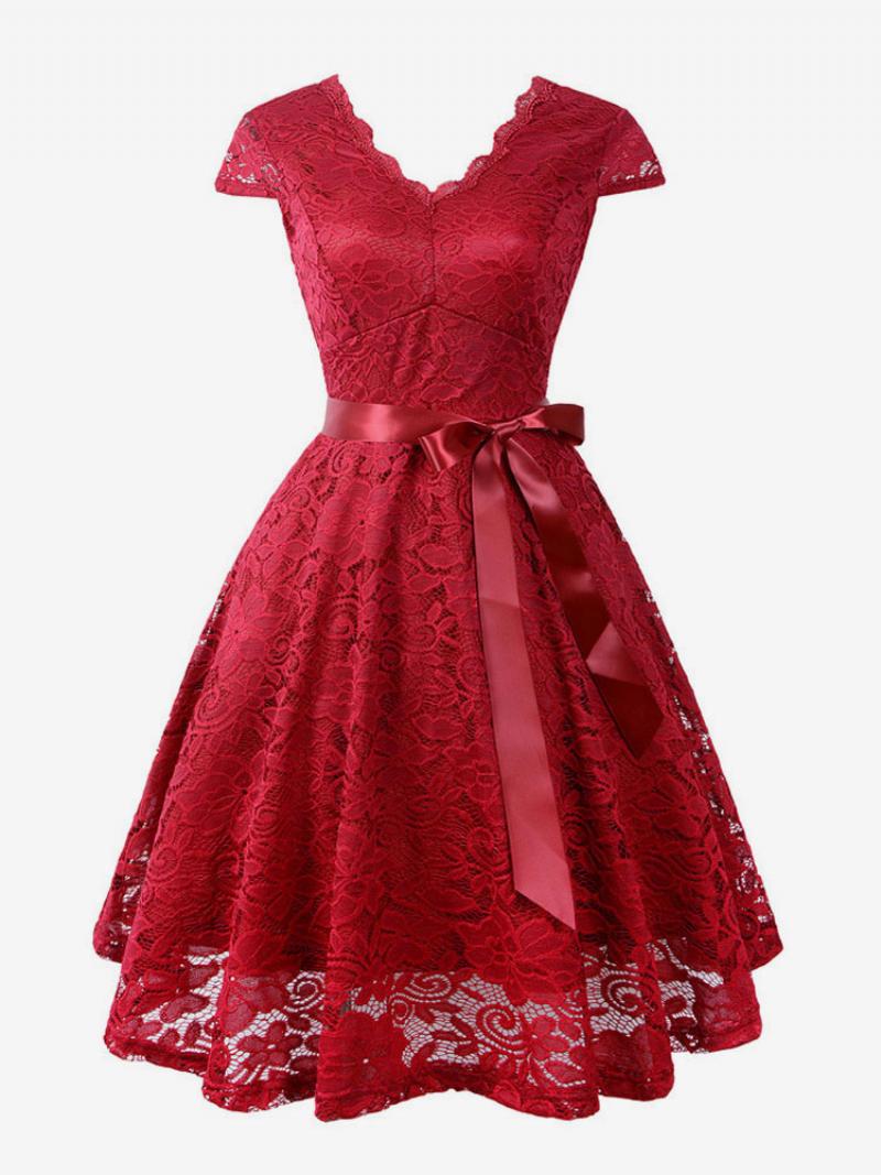 Női Vintage Csipke Ruha 1950-es Évek V Nyaksapkás Ujjú Masnis Pántos Retro Lenge - Burgundi