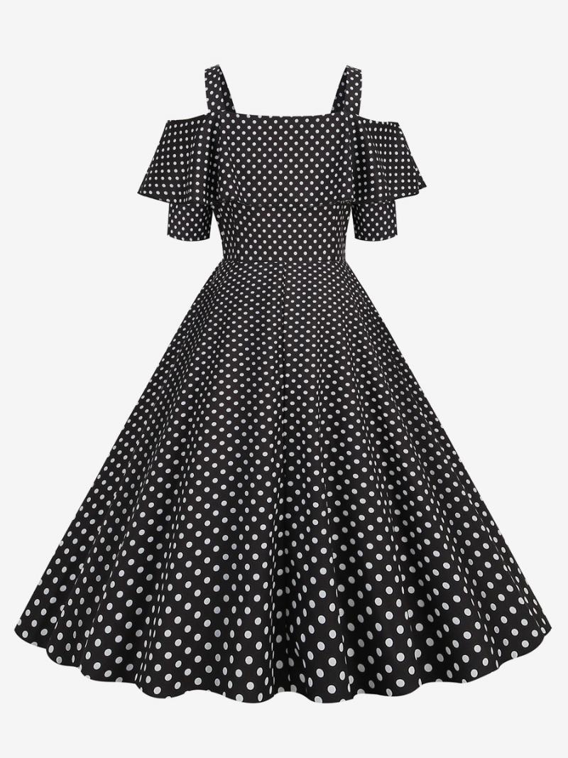 Női Vintage Ruha 1950-es Évek Bateau Nyakú Rövid Ujjú Közepes Pöttyös Rockabilly - Fekete
