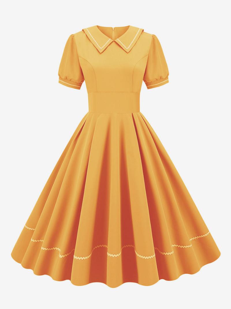 Női Vintage Ruha Az 1950-es Évekből Audrey Hepburn Stílusú Sárga Rövid Ujjú Lehúzható Galléros Közepesen Lengő