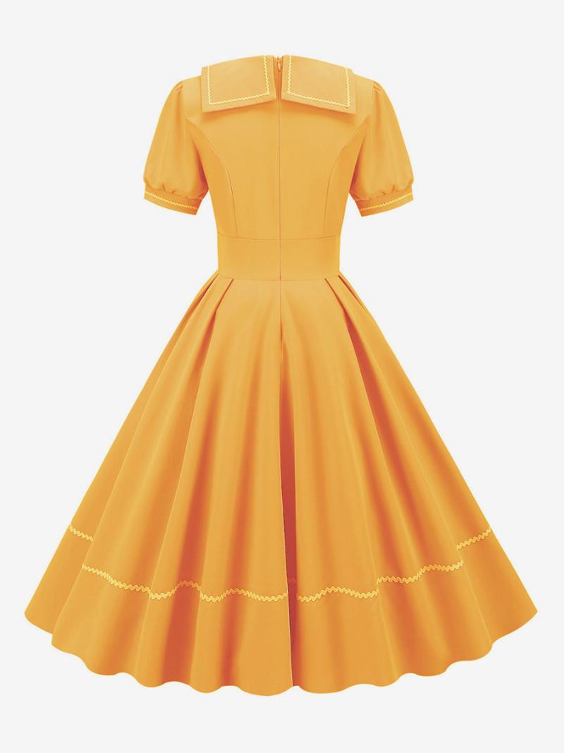 Női Vintage Ruha Az 1950-es Évekből Audrey Hepburn Stílusú Sárga Rövid Ujjú Lehúzható Galléros Közepesen Lengő - Sárga
