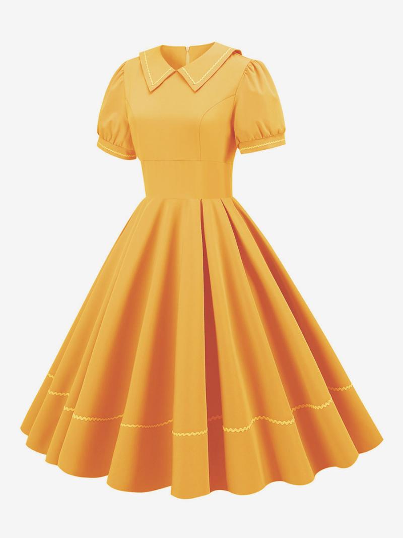 Női Vintage Ruha Az 1950-es Évekből Audrey Hepburn Stílusú Sárga Rövid Ujjú Lehúzható Galléros Közepesen Lengő - Sárga