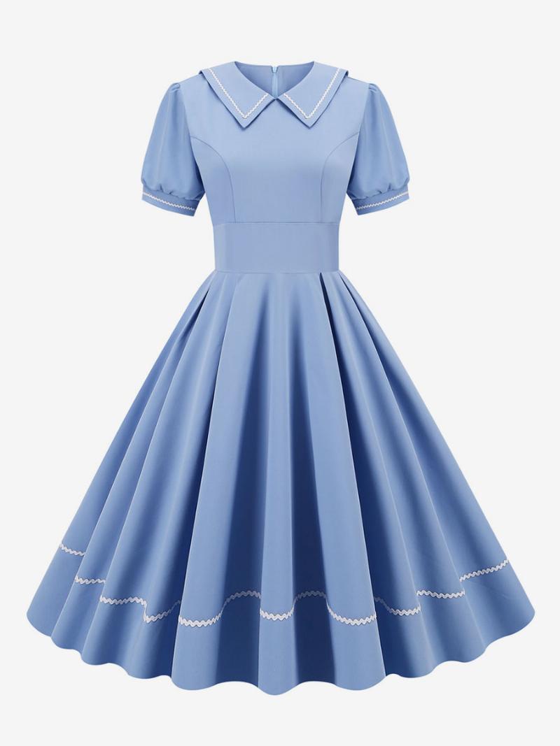 Női Vintage Ruha Az 1950-es Évekből Audrey Hepburn Stílusú Sárga Rövid Ujjú Lehúzható Galléros Közepesen Lengő - Világos Égkék