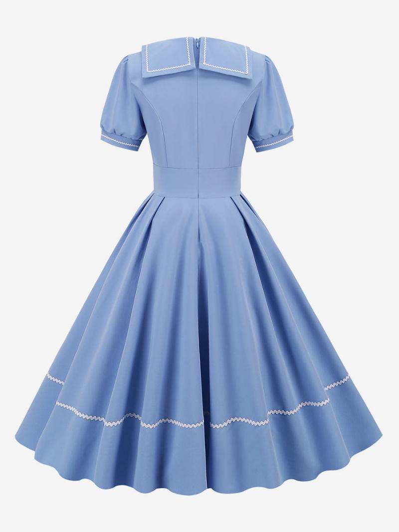 Női Vintage Ruha Az 1950-es Évekből Audrey Hepburn Stílusú Sárga Rövid Ujjú Lehúzható Galléros Közepesen Lengő - Világos Égkék