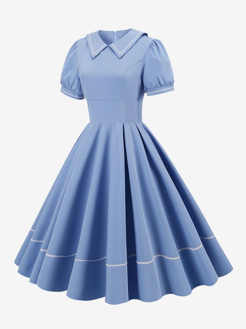 Női Vintage Ruha Az 1950-es Évekből Audrey Hepburn Stílusú Sárga Rövid Ujjú Lehúzható Galléros Közepesen Lengő - Világos Égkék