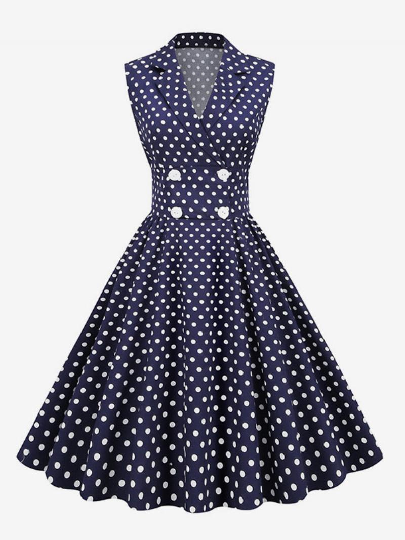 Női Vintage Ruha Az 1950-es Évekből Audrey Hepburn Stílusú V-nyakú Ujjatlan Pöttyös Lengőruha - Sötét Sötétkék