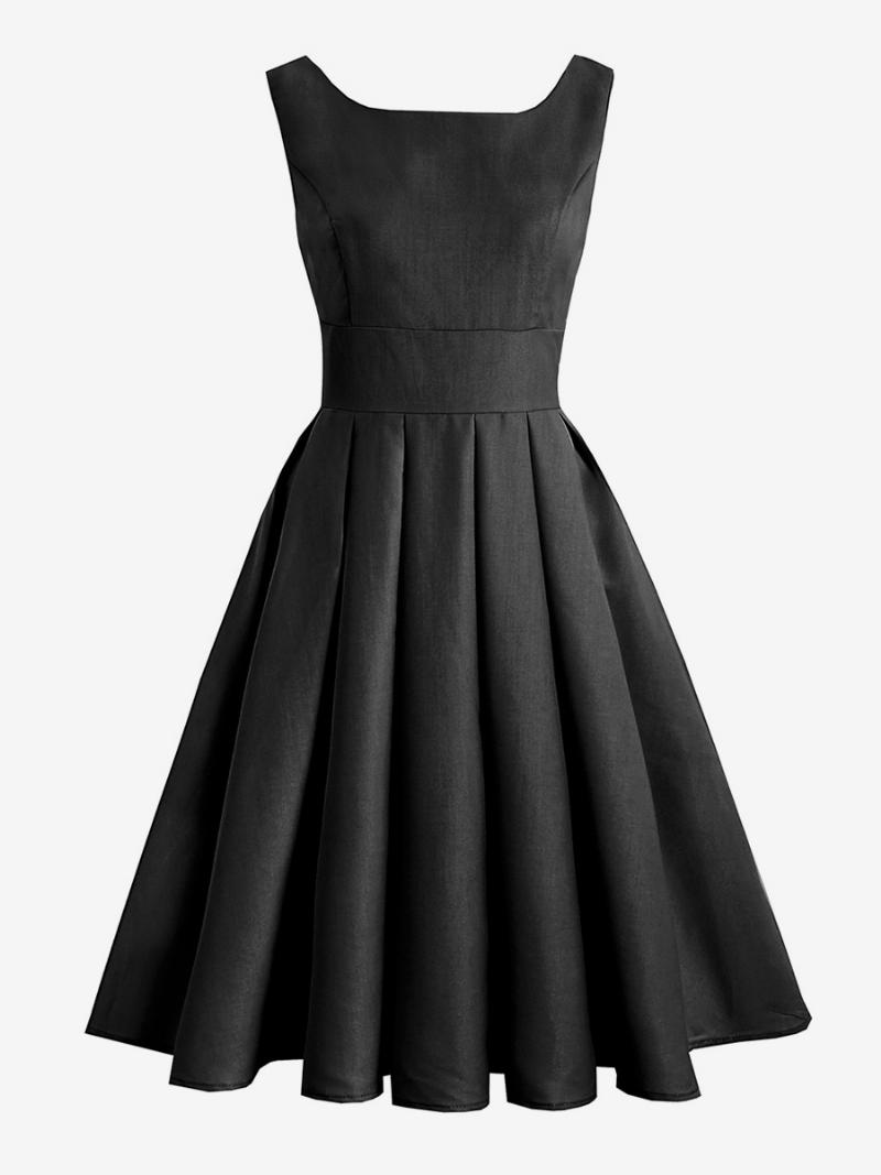 Női Vintage Ruha Fekete 1950-es Évek Audrey Hepburn Stílusú Redőzött Ujjatlan Négyszögletes Nyakú Közepes Rockabilly