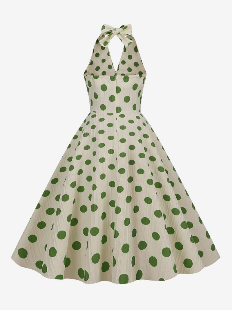 Női Vintage Ruha Piros 1950-es Évek Audrey Hepburn Stílusú Pöttyös Redős Ujjatlan V-nyakú Közepesen Lengő - Zöld