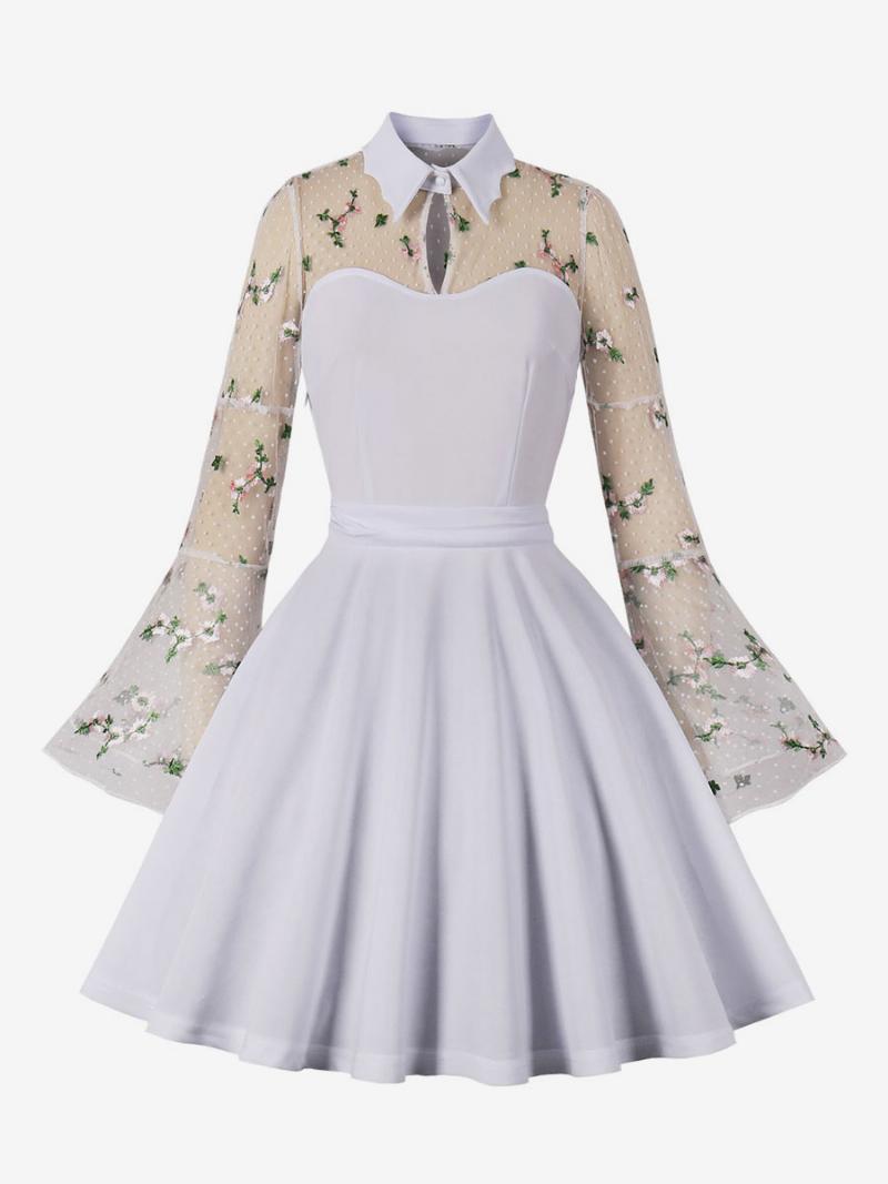 Retró Ruha 1950-es Évekből Audrey Hepburn Stílusú Hosszú Ujjú Térdig Érő Női Kéttónusú Rockabilly - Fehér