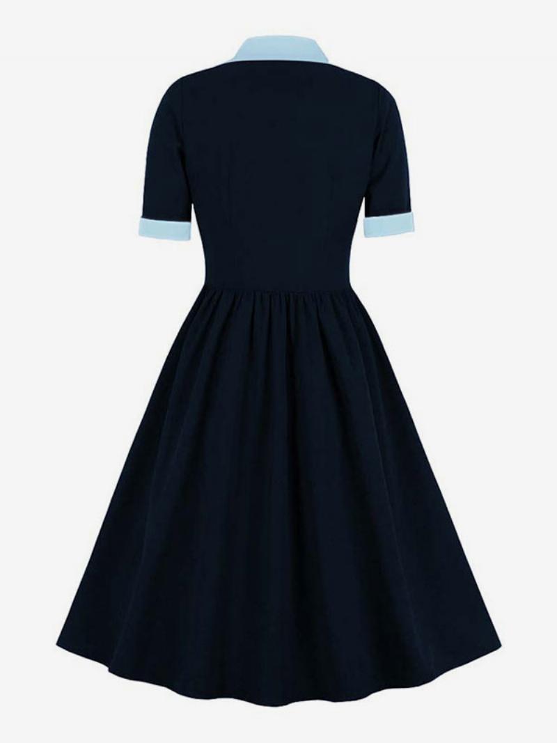 Vintage Ruha 1950-es Évek Audrey Hepburn Stílusú Zöld Kéttónusú Női Fodros Rövid Ujjú Rockabilly - Deep Blue