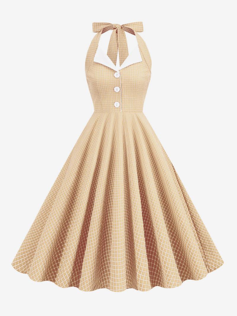 Vintage Ruha 1950-es Évekből Audrey Hepburn Stílusú Kötőfékes Gombokkal Ujjatlan Női Közepes Kockás Rockabilly - Világossárga