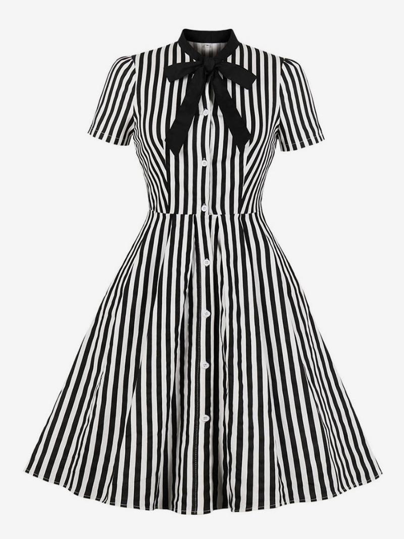 Vintage Ruha 1950-es Évekből Csíkos Csokornyakkendő Rövid Ujjú Női Lengő Retro