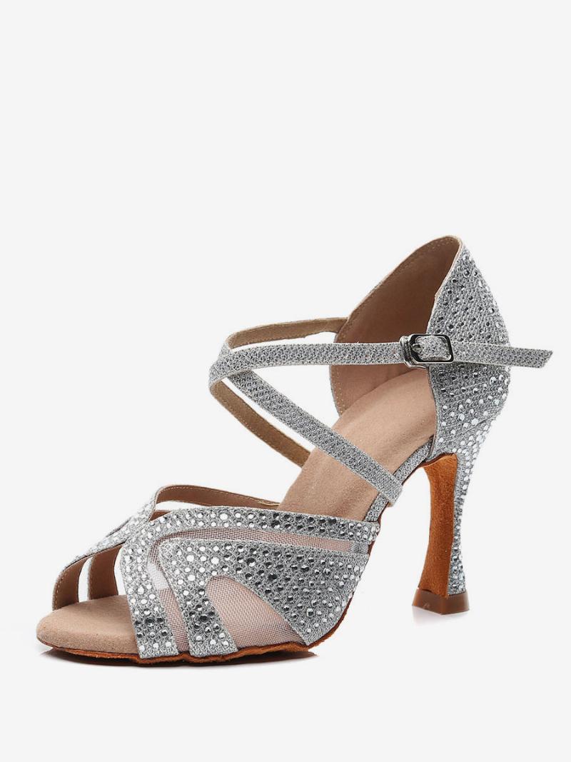 Női Testreszabott Latin Tánccipők Ezüst Peep Toe Strasszos Társastánccipők