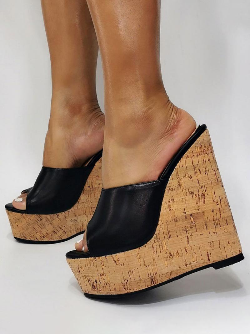 Női Fekete Platform Peep Toe Wedge Szandál