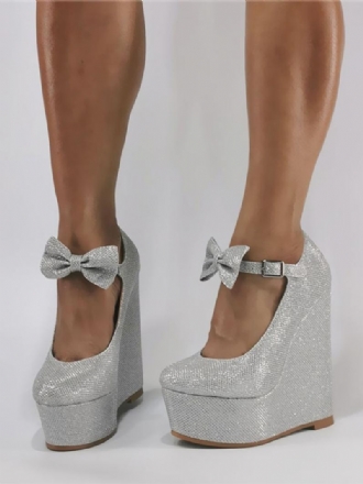 Női Wedge Heels Csillogó Kerek Orrú Masnis Szalagavató Cipő
