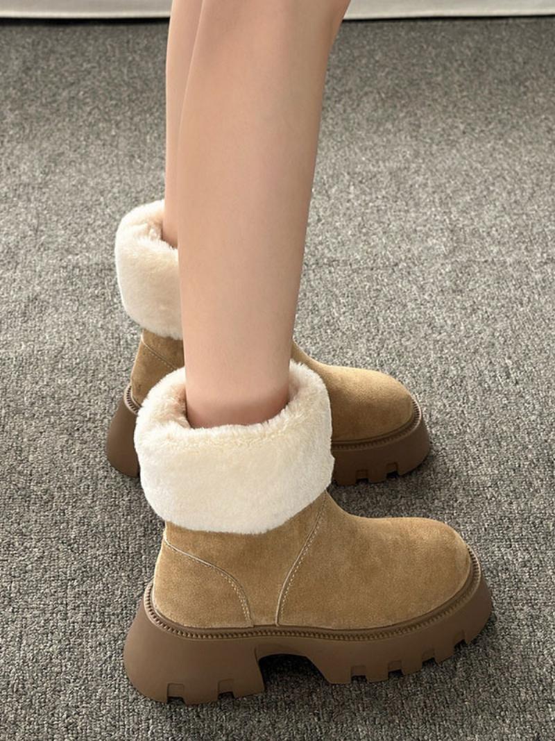 Női Fekete Velúr Téli Csizma Kerek Orrú Rövid Plüss Dedeil Vaskos Sarkú Bokacsizma - Khaki
