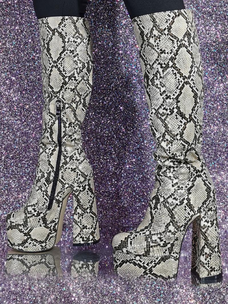 Női Térd Magas Csizma Snake Pattern Platform Sarkú Szexi - Piton