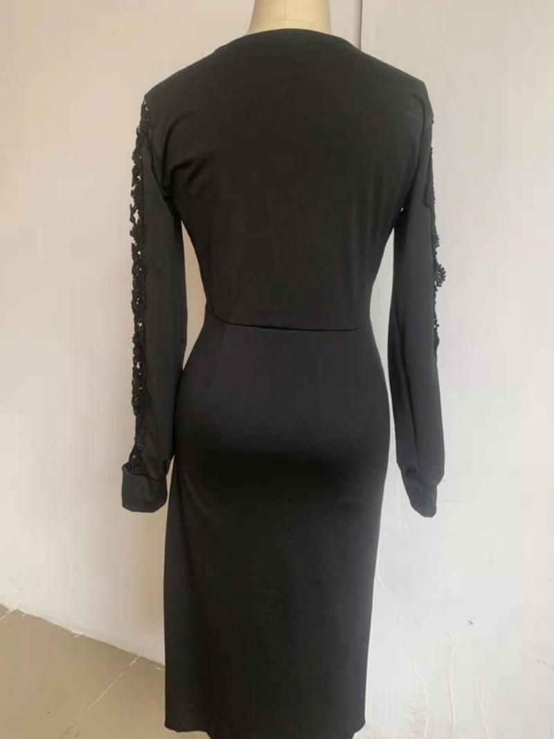 Női Születésnapi Bodycon Ruha Fekete Hosszú Ujjú Kivágott Alkalmi V-nyakú Réteges Midi-betekerhető Ruhák Tokos Becsomagolású - Fekete