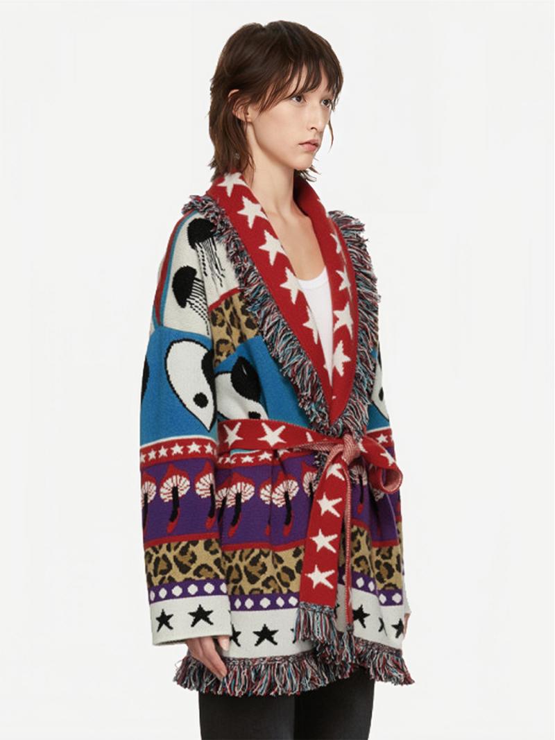 Női Jacquard Kardigán Azték Bojt Szegélyezett Övvel Ellátott Gyapjúkeverék Boho Pulóver - Piros