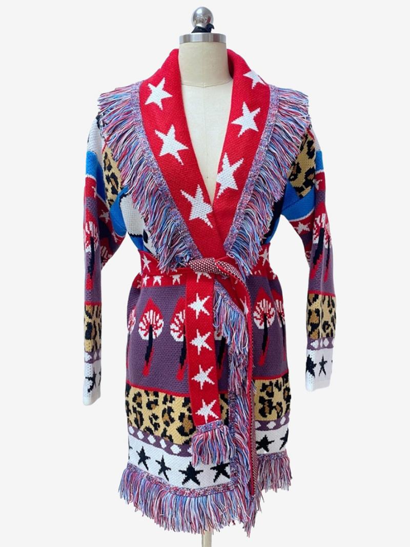 Női Jacquard Kardigán Azték Bojt Szegélyezett Övvel Ellátott Gyapjúkeverék Boho Pulóver - Piros